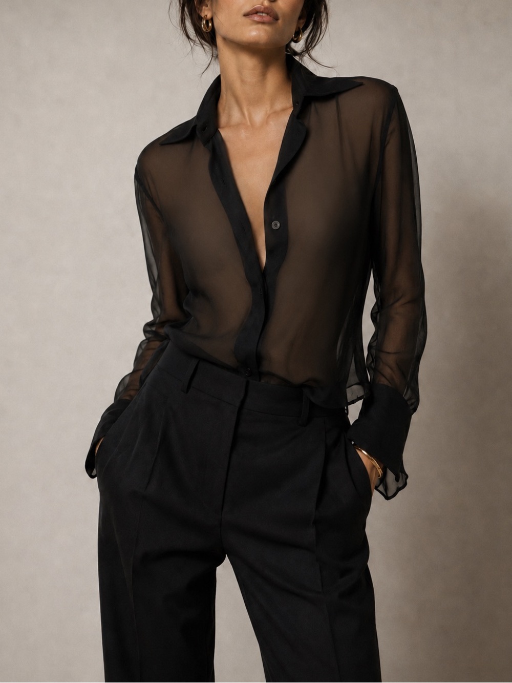Vintage Tom Ford Gucci Sheer Black Long-Sleeve Silk Blouse 90s Y2K IT 42 US 6